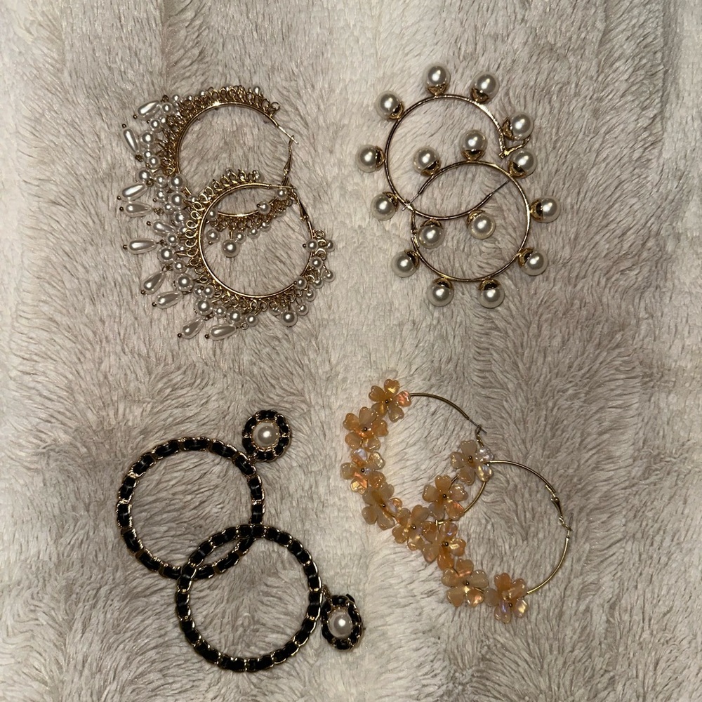 Elegant Pearl and Floral Hoop Earrings Set